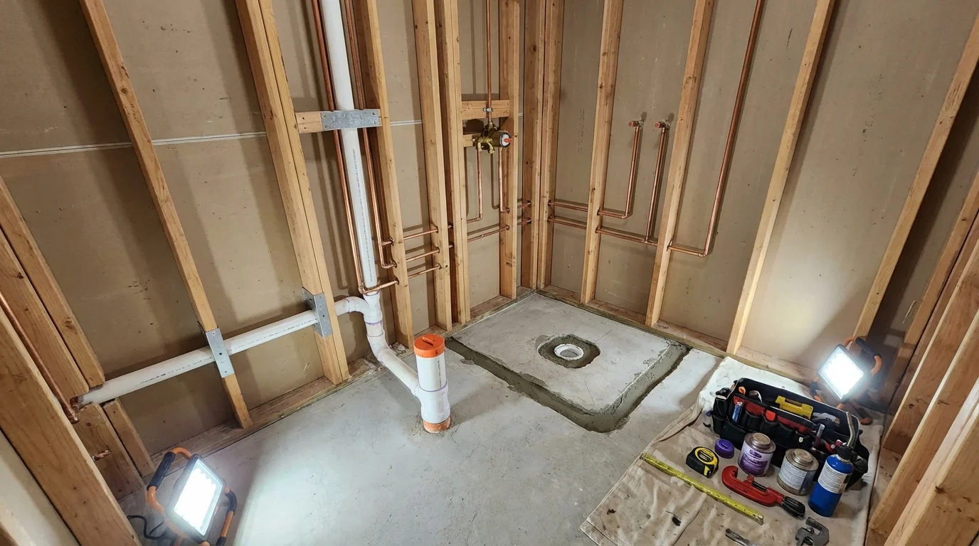 Bathroom rough-in plumbing during remodel by Johns Plumbing LLC in De Soto