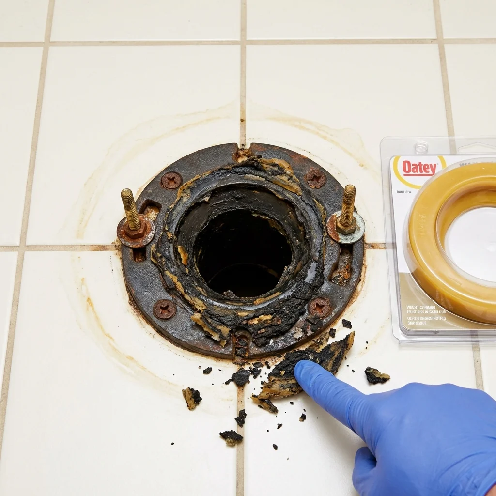 Failed wax ring showing water seepage at the base of a toilet in a De Soto, IL home
