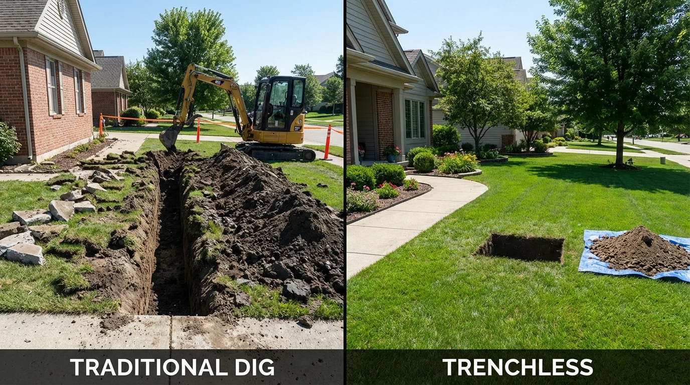 Trenchless sewer repair with minimal yard damage versus traditional excavation in De Soto, IL