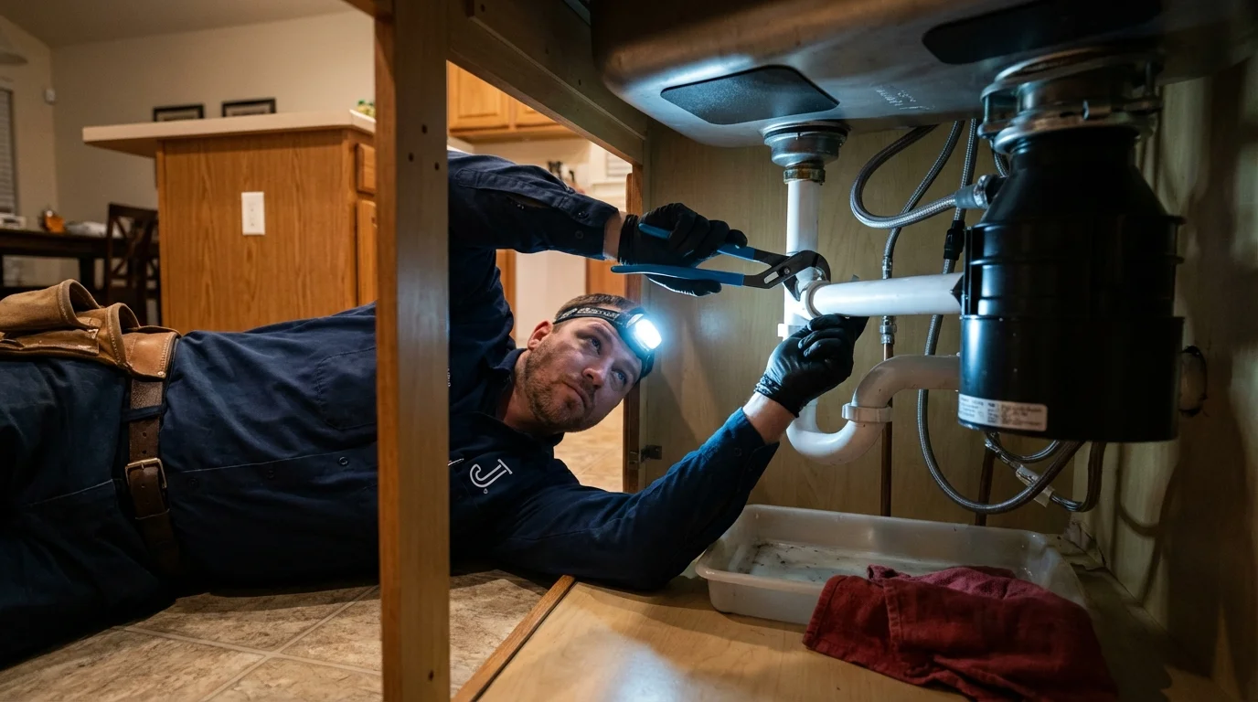 P-trap and supply line connections under a kitchen sink showing a common leak point in De Soto, IL